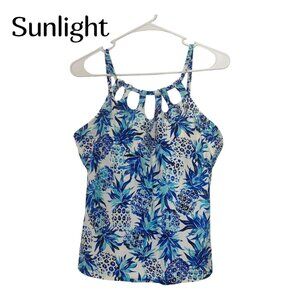 24t&Ocean Blue Tropical Print Halter Tankini Top Women SZ Large Padded Underwire